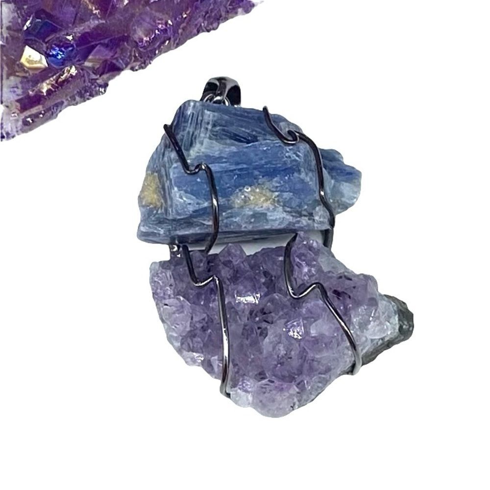 Blue Kyanite & Amethyst Wire Wrapped Stone Necklace Pendant Raw Rough Crystal